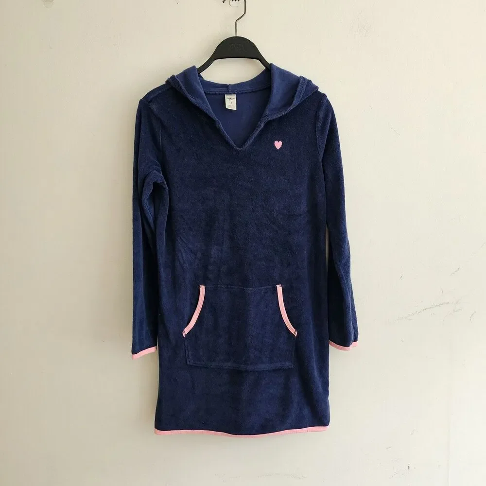 OshKosh B'Gosh Terry Cloth Towel Dress Hooded Navy Pink Heart Coverup Girls 14